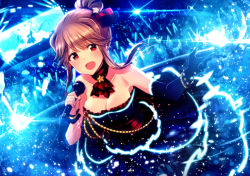 Rule 34 | 10s, 1girl, bad id, bad pixiv id, bare shoulders, breasts, brown eyes, brown hair, cleavage, elbow gloves, gloves, glowstick, idolmaster, idolmaster million live!, ima (lm ew), long hair, looking at viewer, microphone, open mouth, smile, solo focus, tenkuubashi tomoka