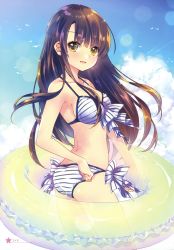 Rule 34 | 1girl, :d, absurdres, adjusting clothes, adjusting swimsuit, artist name, bikini, blue sky, bow, breasts, brown hair, cloud, collarbone, cowboy shot, day, ech, floating hair, from side, green eyes, highres, innertube, katou megumi, lens flare, long hair, looking at viewer, medium breasts, open mouth, outdoors, page number, saenai heroine no sodatekata, sideboob, sky, smile, solo, standing, striped bikini, striped bow, striped clothes, swim ring, swimsuit, transparent background, very long hair, white bikini, white bow