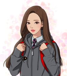 Rule 34 | 1girl, bag, blush, brown eyes, brown hair, grey sweater, hand up, lim jugyeong, long hair, looking at viewer, official art, open mouth, school uniform, shirt, sweater, true beauty, very long hair, white background, white shirt