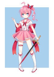Rule 34 | 1girl, :&lt;, absurdres, ahoge, bad id, bad pixiv id, blue background, blue eyes, blush, boots, bow, breasts, choker, closed mouth, frilled skirt, frills, hair between eyes, hair bow, hand up, heart, highres, holding, holding sword, holding weapon, jiucheng nainai, knee boots, long hair, original, pigeon-toed, pink hair, pink sailor collar, pink skirt, pleated skirt, puffy short sleeves, puffy sleeves, red bow, red choker, sailor collar, school uniform, serafuku, shirt, short sleeves, sidelocks, skirt, small breasts, solo, standing, sword, thigh strap, two-tone background, v, weapon, white background, white footwear, white shirt
