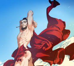 Rule 34 | 1boy, 830 (hamio), armpits, ass, bara, beard, black hair, blue eyes, earrings, facial hair, golden kamuy, hairy, jewelry, kiroranke, male focus, muscular, muscular male, open clothes, pectorals, smoking pipe, solo, thighs, topless male
