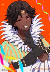 Rule 34 | 1boy, black gloves, brown eyes, brown hair, dark-skinned male, dark skin, dfhnokenbutu, fire emblem, fire emblem engage, fogado (fire emblem), fur trim, gloves, hand on own chin, highres, looking at viewer, nintendo, one eye closed, red background, shirt, smile, solo, sparkle, sparkling eyes