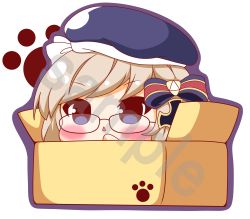 Rule 34 | 1girl, :&lt;, absurdres, azur lane, beret, black-framed eyewear, blue eyes, blue hat, blush, bow, box, brown hair, cardboard box, chibi, commentary request, glasses, hair bow, hand up, hat, highres, in box, in container, kurukurumagical, outline, parted lips, purple outline, sample watermark, solo, striped, striped bow, triangle mouth, watermark, white background, z23 (azur lane)