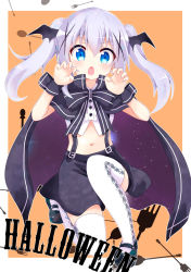 Rule 34 | &gt;:o, 1girl, :o, black skirt, blue eyes, cape, center frills, chestnut mouth, claw pose, commentary request, fang, frills, full body, gochuumon wa usagi desu ka?, hair ornament, halloween, kafuu chino, light purple hair, long hair, looking at viewer, massala, midriff, navel, on one knee, open mouth, outside border, shoes, skirt, solo, thighhighs, twintails, v-shaped eyebrows, white thighhighs, x hair ornament
