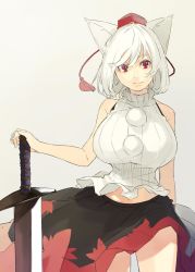 Rule 34 | 1girl, adapted costume, albino, alternate costume, animal ears, bare shoulders, breasts, gradient background, hat, highres, huge breasts, inubashiri momiji, looking at viewer, muneneko, pom pom (clothes), red eyes, ribbed sweater, shirt, short hair, simple background, skirt, sleeveless, smile, solo, string, sweater, sword, tokin hat, touhou, turtleneck, upskirt, weapon, white hair, wolf ears