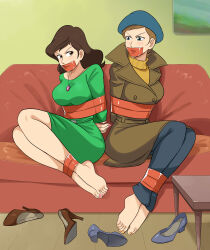Rule 34 | 2girls, absurdres, arms behind back, barefoot, bdsm, bondage, bound, bound ankles, bound arms, breasts, brown eyes, brown hair, coat, dress, freckles, gag, green dress, green eyes, highres, improvised gag, jewelry, large breasts, lost one zero, lupin iii, mine fujiko, multiple girls, necklace, tape, tape bondage, tape gag, trench coat