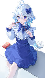 Rule 34 | 1girl, absurdres, ahoge, blue bow, blue dress, blue eyes, blue hair, bow, chocolate, commentary, dress, food, furina (genshin impact), genshin impact, hair bow, heterochromia, highres, holding, holding food, holding pocky, long hair, long sleeves, mismatched pupils, multicolored hair, open mouth, pantyhose, pink hair, pocky, pocky day, puffy long sleeves, puffy sleeves, sicle, sitting, smile, solo, white hair, white pantyhose