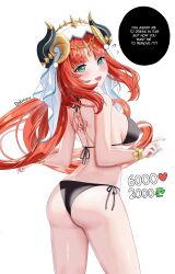 Rule 34 | 1girl, :d, absurdres, ass, bikini, black bikini, blue nails, blush, breasts, commentary, dokimaru, english commentary, english text, fake horns, fingernails, from behind, genshin impact, green eyes, hair ornament, highres, horns, large breasts, long hair, looking at viewer, looking back, meme, nail polish, nilou (genshin impact), open mouth, red eyes, side-tie bikini bottom, simple background, smile, swimsuit, thighs, twitter strip game (meme), white background, white headwear