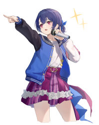 Rule 34 | 1girl, absurdres, belt, blue hair, blue jacket, cropped legs, hair bun, hand up, highres, holding, holding microphone, idolmaster, idolmaster shiny colors, jacket, long sleeves, looking afar, microphone, morino rinze, open clothes, open jacket, open mouth, outstretched arm, pinky out, pointing, purple shirt, purple skirt, shirt, shirt tucked in, short hair, simple background, skirt, solo, sparkle, white background, white shirt, xiu kukkii