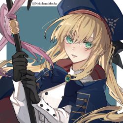 Rule 34 | 1girl, artoria caster (fate), artoria caster (second ascension) (fate), artoria pendragon (fate), black bow, black gloves, blonde hair, blue bow, blue cape, blue hat, blush, bow, bowtie, brooch, buttons, cape, commentary request, dress, fate/grand order, fate (series), gloves, green eyes, hair bow, hat, highres, holding, holding staff, holding weapon, jewelry, long hair, long sleeves, looking at viewer, nekohanemocha, parted lips, sidelocks, solo, staff, twintails, twitter username, upper body, very long hair, weapon, white dress