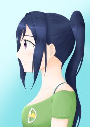 Rule 34 | 1girl, absurdres, aqua shirt, artist name, artist request, bare shoulders, blue hair, blue pants, blush, breasts, cleavage, close-up, collarbone, dolphin print, female focus, green shirt, hair between eyes, high ponytail, highres, long hair, looking at viewer, looking to the side, love live!, love live! school idol festival, love live! sunshine!!, matsuura kanan, medium breasts, pants, parted lips, ponytail, purple eyes, shirt, short sleeves, sideboob, smile, solo, undershirt, upper body