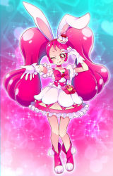 Rule 34 | 1girl, ;q, absurdres, animal ears, bow, bowtie, brown hairband, choker, collarbone, cure whip, dress, full body, gloves, hairband, highres, kirakira precure a la mode, long hair, looking at viewer, magical girl, mitsuki tayura, one eye closed, outstretched arm, precure, rabbit ears, red bow, red bowtie, red choker, red eyes, red footwear, red hair, short dress, short sleeves, solo, standing, tongue, tongue out, twintails, usami ichika, very long hair, white dress, white gloves