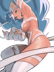 Rule 34 | 1girl, absurdres, animal ears, animal hands, arm up, armpits, big hair, black outline, blue hair, blush, breasts, cat ears, cat girl, cat tail, claws, fangs, felicia (vampire), green eyes, highres, large breasts, long hair, looking at viewer, meke (77842928), open mouth, outline, simple background, smile, solo, tail, teeth, upper teeth only, vampire (game), white background
