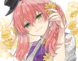 1girl atelier_(series) atelier_escha_&amp;_logy black_hat braid closed_mouth escha_malier escha_malier_(challenging_worker) floral_background flower green_eyes hair_between_eyes hand_up hani_(udauda) hat long_hair looking_at_viewer pink_hair shirt smile solo twintails upper_body white_shirt yellow_flower