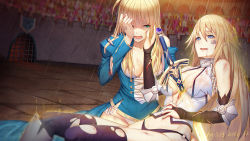 Rule 34 | 2018, 2girls, artoria pendragon (all), artoria pendragon (fate), bare shoulders, black gloves, black legwear, black panties, blonde hair, blood, blue eyes, boots, breasts, bruise, caliburn (fate), chain, cleavage, collarbone, commentary request, crying, crying with eyes open, dated, dress, elbow gloves, empty eyes, excalibur (fate/stay night), eyebrows, facial tattoo, fate (series), fingerless gloves, fingernails, gloves, green eyes, groin, hair between eyes, half-closed eyes, hand on another&#039;s cheek, hand on another&#039;s face, hand on own stomach, impaled, injury, jeanne d&#039;arc (fate), jeanne d&#039;arc (ruler) (fate), jeanne d&#039;arc (third ascension) (fate), knee boots, long hair, long sleeves, medium breasts, multiple girls, number tattoo, o-ring, o-ring bottom, o-ring panties, on floor, open mouth, outdoors, panties, rain, saber (fate), scrape, side-tie panties, sitting, smile, tattoo, tears, teeth, thighhighs, torn clothes, torn dress, torn legwear, ttheyue, underwear, white panties