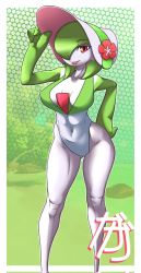 Rule 34 | 1girl, bonnet, border, breasts, closed mouth, colored skin, commentary, covered abs, covered navel, creatures (company), flower, game freak, gardevoir, gardevoir (fashionable), gen 3 pokemon, green background, green hair, hand on headwear, hand on own hip, hat, hat flower, healxyni, highres, knees, medium hair, nintendo, one-piece swimsuit, pink eyes, pokemon, pokemon (creature), pokemon unite, red flower, self-upload, solo, standing, swimsuit, white border, white hat, white one-piece swimsuit, white skin