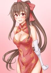 Rule 34 | 1girl, anti (untea9), blue dress, breasts, brown eyes, brown hair, china dress, chinese clothes, cowboy shot, dress, elbow gloves, gloves, highres, kantai collection, large breasts, open mouth, pelvic curtain, print dress, red dress, red ribbon, ribbon, side slit, sleeveless, smile, solo, yamato (kancolle)