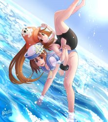 Rule 34 | 2girls, april (guilty gear), back-to-back, beach, bike shorts, bikini, bikini top only, blue eyes, breasts, brown hair, carrying, dress, feet, game console, guilty gear, guilty gear xrd, hat, heart, highres, long hair, mariebell, may (guilty gear), multiple girls, nes, ocean, pirate, pirate hat, sailor, sailor collar, sailor dress, sailor hat, sideboob, signature, small breasts, smile, swimsuit