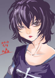 Rule 34 | 1girl, bags under eyes, black hair, black lagoon, casual, cross, frederica sawyer, goth fashion, gothic, layered sleeves, lipstick, long sleeves, looking at viewer, makeup, mall goth, n-mori, purple theme, scar, scar on neck, short hair, short over long sleeves, short sleeves, solo