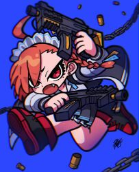 Rule 34 | 1girl, black footwear, blue archive, blue background, braid, commentary request, dual wielding, earrings, eyes visible through hair, fang, grey skirt, gun, highres, holding, holding gun, holding weapon, jewelry, leaf st, long sleeves, maid headdress, mole, mole under eye, neru (blue archive), open mouth, orange hair, pleated skirt, red eyes, shirt, simple background, single braid, skirt, solo, stud earrings, weapon, white shirt