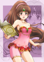 Rule 34 | 1girl, :o, areola slip, blush, book, breasts, brown eyes, brown hair, chain, choker, circlet, cleavage, collarbone, commentary request, covered navel, dress, fire emblem, fire emblem: mystery of the emblem, fujii satoshi, hair ornament, hair scrunchie, holding, holding book, linde (fire emblem), long hair, looking at viewer, medium breasts, nintendo, panties, pink panties, pink scrunchie, ponytail, scrunchie, see-through, short dress, solo, strapless, strapless dress, underwear, very long hair, zoom layer