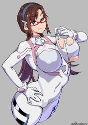 Rule 34 | 1girl, :3, blue eyes, bodysuit, breasts, brown hair, commentary request, curvy, dekosukentr, evangelion: 3.0+1.0 thrice upon a time, grey background, hairband, hand on own hip, highres, large breasts, long hair, looking at viewer, low twintails, makinami mari illustrious, neon genesis evangelion, plugsuit, raised eyebrow, rebuild of evangelion, red-framed eyewear, simple background, skindentation, solo, torn bodysuit, torn clothes, twintails, twitter username, white bodysuit, wide hips
