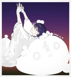 Rule 34 | 1boy, bandaged hand, bandages, border, closed mouth, creature, dated, from side, gradient background, grey robe, hands up, highres, hoojiro, kenmochi touya, looking at viewer, looking to the side, male focus, nijisanji, purple background, purple hair, reclining, robe, short hair, smile, solo, translation request, virtual youtuber, white border, wide sleeves