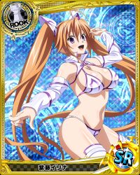 Rule 34 | 1girl, bikini, breasts, card (medium), chess piece, cleavage, female focus, high school dxd, highres, large breasts, legs, long hair, looking at viewer, navel, official art, open mouth, orange hair, purple eyes, rook (chess), shidou irina, smile, solo, stomach, swimsuit, thighs, twintails