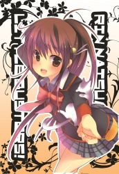 Rule 34 | 1girl, bow, brown eyes, brown hair, cat, cat teaser, inui achu, little busters!, long hair, natsume rin, pink bow, plaid, plaid skirt, ponytail, school uniform, skirt, solo