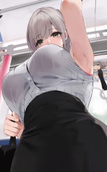 Rule 34 | 1girl, arm up, armpits, bag, bare arms, black skirt, blouse, blush, breasts, buttons, commentary request, cowboy shot, from below, green eyes, high-waist skirt, highres, holding strap, hololive, hololive fantasy, large breasts, niii (memstapak), shirogane noel, shirt, silver hair, skirt, sleeveless, sleeveless shirt, solo, standing, train interior, virtual youtuber
