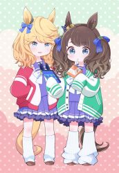Rule 34 | 2girls, animal ears, artist name, blonde hair, bow, brown footwear, brown hair, chibi, commentary request, drinking, drinking straw, ear bow, gold city (umamusume), green jacket, hands in pockets, holding, holding phone, horse ears, horse girl, horse tail, jacket, juice box, long hair, looking at phone, loose socks, mopiwo, multiple girls, open mouth, phone, pleated skirt, polka dot, polka dot background, purple shirt, purple skirt, red jacket, school uniform, shirt, shoes, skirt, sleeves past fingers, sleeves past wrists, smile, socks, standing, tail, tosen jordan (umamusume), tracen school uniform, twintails, umamusume