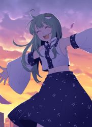 Rule 34 | 1girl, :d, ^ ^, anarogumaaa, armpits, blue skirt, building, cloud, cloudy sky, crop top, detached sleeves, dress, closed eyes, frog, frog hair ornament, green hair, hair ornament, happy, japanese clothes, kochiya sanae, long hair, midriff, miko, navel, nontraditional miko, open mouth, outdoors, outstretched arms, skirt, sky, sleeveless, smile, snake, snake hair ornament, solo, spread arms, sunset, touhou, wide sleeves