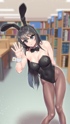 Rule 34 | 1girl, animal ears, arm behind back, black bow, black bowtie, black hair, black leotard, blue eyes, bookshelf, bow, bowtie, breasts, brown pantyhose, cleavage, detached collar, fake animal ears, feet out of frame, hair ornament, hairclip, highres, indoors, leaning to the side, leotard, library, long hair, looking at viewer, lyoung0j, medium breasts, pantyhose, playboy bunny, rabbit ears, sakurajima mai, seishun buta yarou, solo, strapless, strapless leotard, waving, wrist cuffs