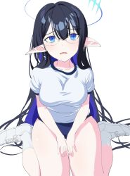 Rule 34 | 1girl, bazz000033, black hair, blue archive, blue buruma, blue eyes, blue hair, blue halo, breasts, buruma, glasses, gym shirt, gym uniform, halo, highres, large breasts, long hair, looking at viewer, open mouth, pointy ears, rin (blue archive), shirt, shoes, short sleeves, simple background, sitting, sketch, sneakers, socks, solo, wariza, white background, white footwear, white shirt, white socks