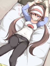 Rule 34 | 1girl, bed, bed sheet, blue eyes, blush, bound, breasts, brown hair, creatures (company), double bun, from above, game freak, hair bun, half-closed eyes, hat, have to pee, highres, indoors, long sleeves, lying, muroi (fujisan0410), nintendo, on back, on bed, open mouth, panties, pantyhose, pokemon, pokemon bw2, restrained, rosa (pokemon), shirt, text focus, tied up, trembling, twintails, underwear, visor cap