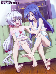 Rule 34 | 2girls, absurdres, ahoge, artist request, bare shoulders, barefoot, blue hair, blue shorts, blush, bow, breasts, camisole, cleavage, collarbone, copyright name, couch, crossed legs, cupboard, eyebrows, eyelashes, feet, hair bow, hair down, hair ornament, hair scrunchie, highres, kazanari tsubasa, locked arms, long hair, low-tied long hair, low twintails, medium breasts, midriff, multi-tied hair, multiple girls, no hair ornament, official art, open mouth, pajamas, parted bangs, pinching, purple eyes, red ribbon, ribbon, scan, scrunchie, senki zesshou symphogear, shiny skin, short shorts, shorts, shrine, silver hair, sitting, smile, soles, stuffed animal, stuffed rabbit, stuffed toy, teeth, toe scrunch, toenails, toes, tongue, twintails, very long hair, wooden floor, yukine chris