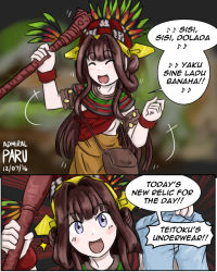 Rule 34 | 1girl, :d, ^ ^, admiral paru, african clothes, alternate costume, artist name, bag, blush, boxers, brown hair, civilization (series), civilization vi, closed eyes, comic, commentary, cosplay, dancing, dated, double bun, english text, closed eyes, female focus, hairband, hat, headdress, holding, kantai collection, kongou (kancolle), long hair, male underwear, musical note, open mouth, purple eyes, quaver, shoulder bag, smile, solo, sparkle, speech bubble, spoken musical note, staff, underwear