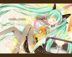 Rule 34 | 1girl, bad id, bad pixiv id, boots, colored eyelashes, copyright name, electric guitar, closed eyes, green hair, guitar, hand on headphones, hand on own chest, hatsune miku, headphones, instrument, letterboxed, long hair, n (nico ed), odds &amp; ends (vocaloid), open mouth, project diva (series), project diva f, skirt, solo, thigh boots, thighhighs, twintails, very long hair, vocaloid