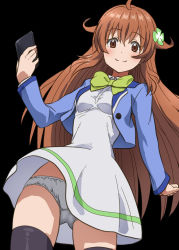 Rule 34 | 1girl, amamiya mimori, black thighhighs, blue jacket, blush, bow, breasts, brown eyes, brown hair, cellphone, closed mouth, clothes lift, dress, dress lift, flower, green bow, hair flower, hair ornament, jacket, long hair, long sleeves, looking at viewer, open clothes, open jacket, panties, phone, shadowverse, shadowverse (anime), simple background, small breasts, smile, solo, thighhighs, underwear, white dress, white panties