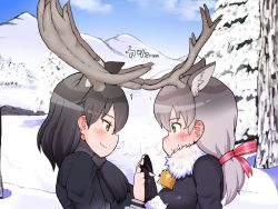 Rule 34 | 2girls, animal ear fluff, animal ears, antlers, bad id, bad pixiv id, bell, black gloves, black hair, blush, breath, brown eyes, commentary request, deer ears, extra ears, eye contact, fur-trimmed sleeves, fur collar, fur trim, gloves, green eyes, grey hair, hair ribbon, holding hands, horns, kemono friends, long hair, long sleeves, looking at another, medium hair, moose (kemono friends), moose ears, mountainous horizon, multiple girls, nb (pixiv594732), profile, red ribbon, reindeer (kemono friends), reindeer antlers, ribbon, sideways mouth, smile, snow, tree, upper body, yuri