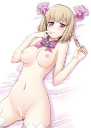 Rule 34 | 1girl, ar tonelico, ar tonelico iii, blonde hair, blush, bow, bowtie, braid, breasts, censored, gust, hair ornament, highres, kamoto tatsuya, lying, navel, nipples, nude, on back, pointless censoring, purple eyes, pussy, saki (ar tonelico), solo, thighhighs, twin braids, white thighhighs