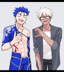 Rule 34 | 2boys, abs, archer (fate), archer (summer casual) (fate), blue hair, bracelet, closed eyes, crescent, crescent necklace, cu chulainn (second ascension) (fate), dark-skinned male, dark skin, detached sleeves, earrings, fate/grand order, fate (series), friend zone sign, glasses, harusima, heart hands failure, highres, jacket, jewelry, looking at viewer, male focus, multiple boys, muscular, muscular male, necklace, official alternate costume, open clothes, open mouth, pants, pectorals, red eyes, shirt, short hair, smile, solo, tank top, thumbs up, topless male, white hair, yaoi