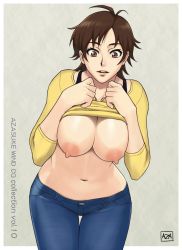 Rule 34 | 00s, 1girl, amaha masane, azasuke, breast suppress, breasts, breasts out, brown eyes, brown hair, clothes lift, denim, duplicate, highres, huge breasts, jeans, leaning forward, midriff, mature female, navel, nipples, pants, shirt, shirt lift, solo, standing, thigh gap, thighs, witchblade