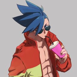 Rule 34 | 1boy, abs, aus vaka, bare pectorals, blue eyes, blue hair, cup, drinking, galo thymos, grey background, hair over one eye, highres, holding, holding cup, jacket, looking at viewer, male focus, mohawk, muscular, muscular male, open clothes, open jacket, orange jacket, pectorals, promare, simple background, solo, spiked hair, sunglasses, upper body