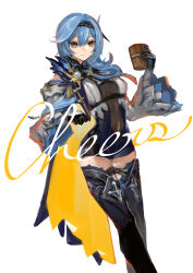 Rule 34 | absurdres, black footwear, black gloves, blue hair, boots, breasts, cape, chest harness, closed mouth, clothing cutout, crossed legs, cup, cursive, dutch angle, eula (genshin impact), feet out of frame, genshin impact, gloves, hands up, harness, high-waist shorts, highres, holding, holding cup, light smile, looking at viewer, medium breasts, medium hair, mug, okitsuma, shorts, shoulder cutout, side cape, thigh boots, vision (genshin impact), watson cross, white sleeves, wide sleeves, wooden cup, yellow cape, yellow eyes