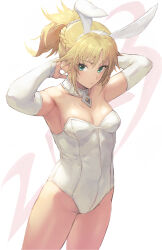 Rule 34 | 1girl, armpits, arms up, bare shoulders, blonde hair, braid, breasts, cleavage, collar, elbow gloves, fate/apocrypha, fate (series), french braid, gloves, green eyes, highres, leotard, long hair, looking at viewer, medium breasts, mordred (fate), mordred (fate/apocrypha), otsukemono, parted bangs, playboy bunny, ponytail, scrunchie, sidelocks, small breasts, solo, white collar, white gloves, white leotard, white scrunchie