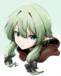 Rule 34 | 10s, 1girl, 2018, bad id, bad pixiv id, black bow, bow, closed mouth, dated, frown, goblin slayer!, gradient background, green background, green eyes, green hair, hair between eyes, hair bow, high elf archer (goblin slayer!), highres, plasbott, pointy ears, short hair, solo, upper body, white background