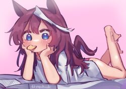Rule 34 | 1girl, absurdres, animal ears, bare legs, barefoot, blush, book, brown hair, commentary request, feng feng (yopokaede), food in mouth, hair between eyes, hair down, highres, horse ears, horse girl, horse tail, lying, mouth hold, multicolored hair, no pants, on stomach, open book, panties, pink background, red panties, shirt, short sleeves, simple background, solo, streaked hair, tail, tokai teio (umamusume), twitter username, umamusume, underwear, white hair, white shirt
