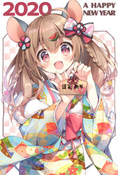 Rule 34 | 1girl, 2020, :d, animal ears, blush, bow, braid, brown hair, chinese zodiac, commentary request, ema, flower, hair between eyes, hair flower, hair ornament, hands up, happy new year, holding, japanese clothes, kimono, long hair, long sleeves, looking at viewer, mouse ears, multicolored clothes, multicolored kimono, new year, open mouth, original, pink bow, print kimono, red eyes, smile, solo, suimya, twintails, wide sleeves, year of the rat, yellow flower