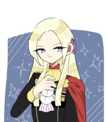 Rule 34 | 1girl, artist request, bad id, bad twitter id, blonde hair, blue eyes, cape, ascot, edelgard von hresvelg, fire emblem, fire emblem: three houses, gloves, grey background, hair ornament, long hair, looking at viewer, mole, mole under mouth, nintendo, simple background, smile, solo, uniform